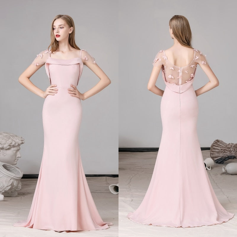 Pink Soft Satin with Beading Flower  Evening Dress