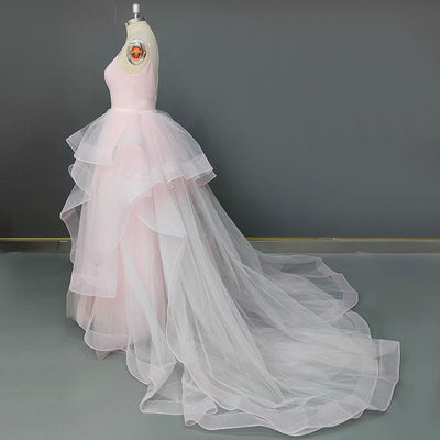 Pink Spaghetti Straps Sweep Train Open Back Tiered Wedding Dress Sexy Wedding Dresses BlissGown 