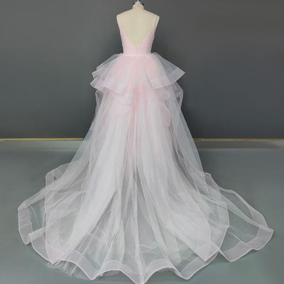 Pink Spaghetti Straps Sweep Train Open Back Tiered Wedding Dress Sexy Wedding Dresses BlissGown 