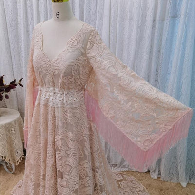 Pink Unique Lace Tassel Open Back Two Pieces Bridal Gown