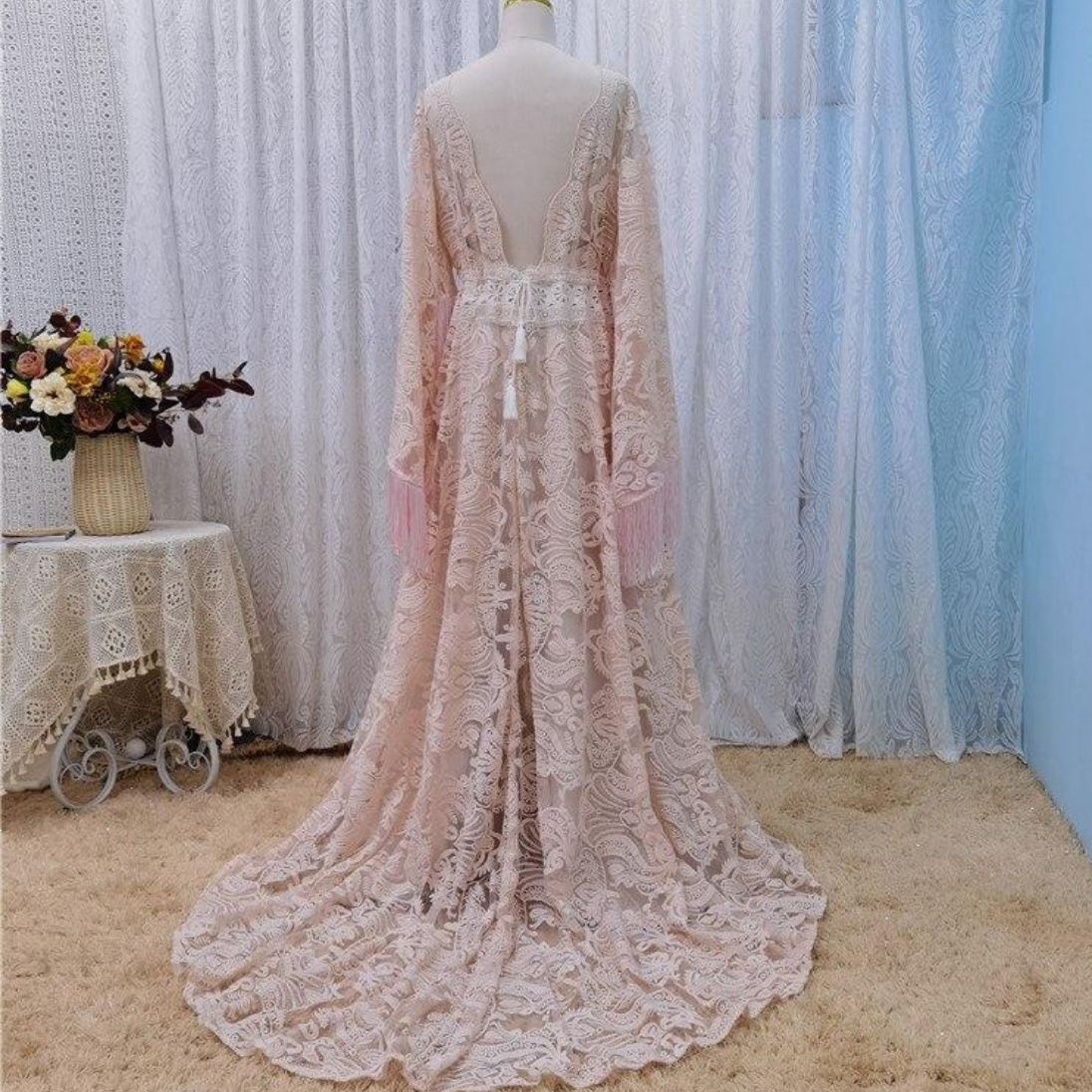 Pink Unique Lace Tassel Open Back Two Pieces Bridal Gown Boho Wedding Dresses BlissGown 