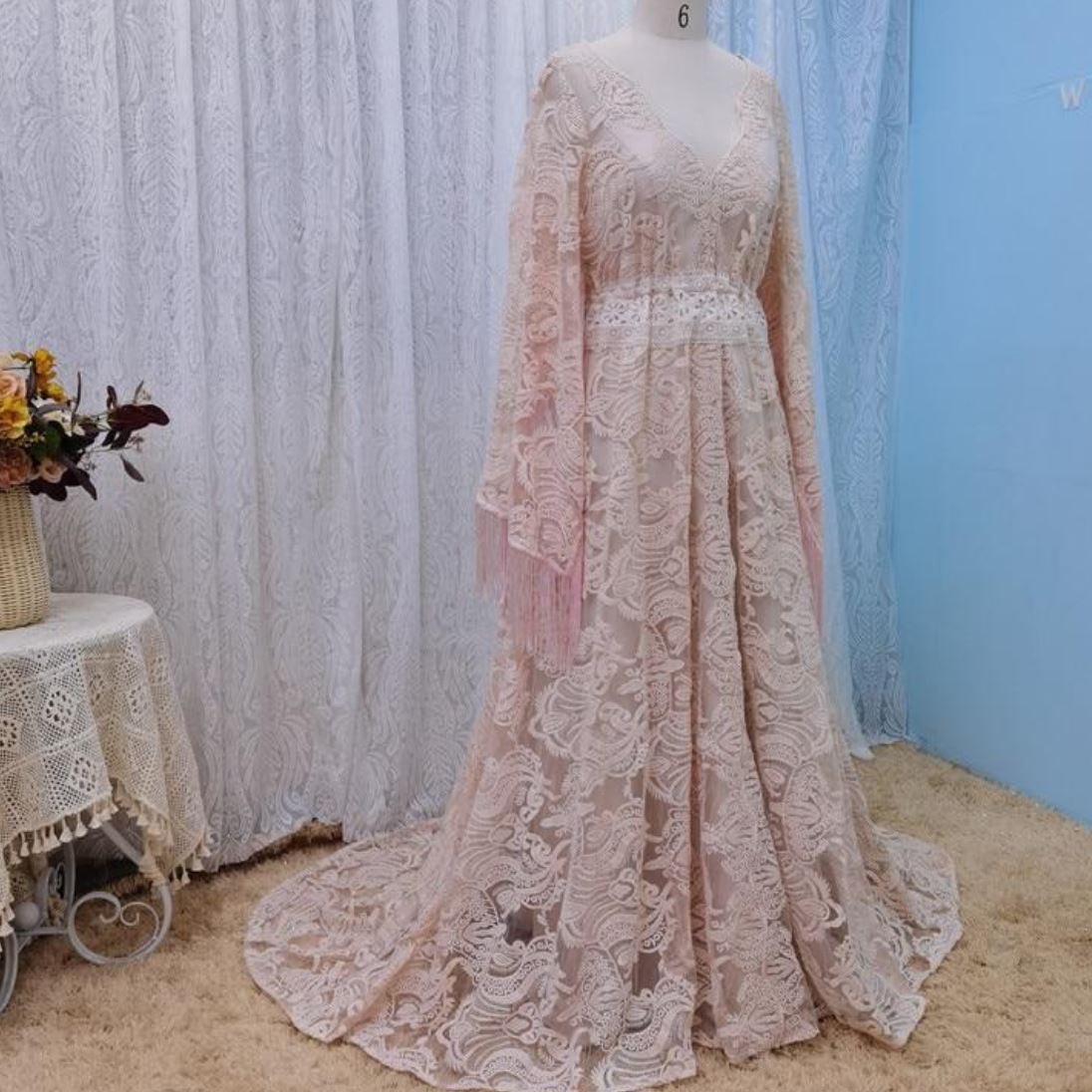 Pink Unique Lace Tassel Open Back Two Pieces Bridal Gown Boho Wedding Dresses BlissGown Pink 8 