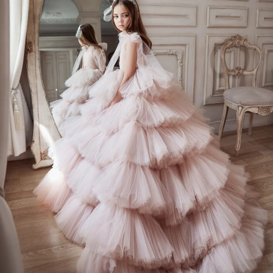 Pleat Tiered Princess Ball Gown Flower Girl Dress Bridesmaid Dresses BlissGown Pink Child-2 