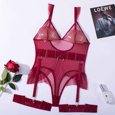 Polka Dot Sexy Transparent Lace See Through Lingerie Accessories BlissGown Burgundy S 