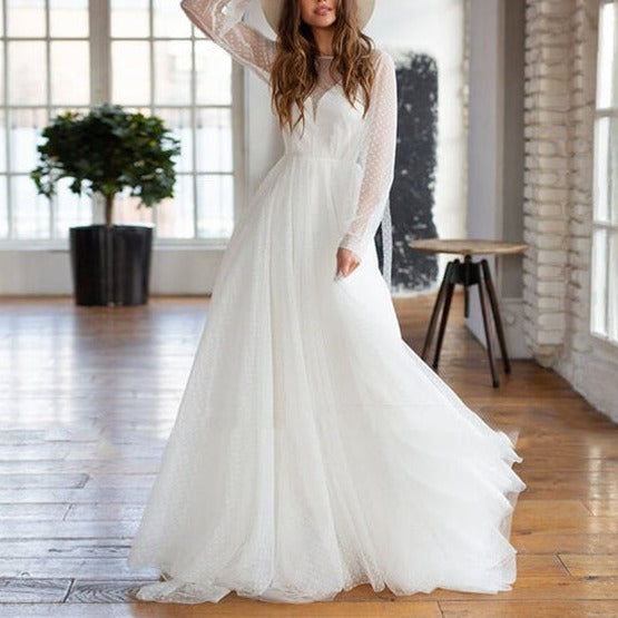 Polka Dot Tulle Modest Romantic Open Back Wedding Dress Romantic Wedding Dresses BlissGown 