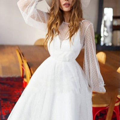 Polka Dot Tulle Modest Romantic Open Back Wedding Dress Romantic Wedding Dresses BlissGown 