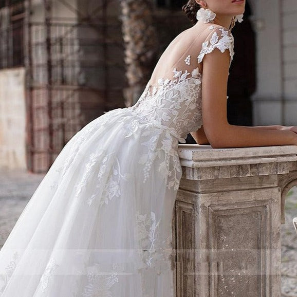 Princess 2 in 1 Detachable Skirt 3D Floral Appliques Lace Bridal Gown Vintage Wedding Dresses BlissGown 