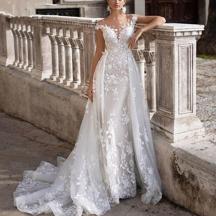 Princess 2 in 1 Detachable Skirt 3D Floral Appliques Lace Bridal Gown Vintage Wedding Dresses BlissGown White 2 