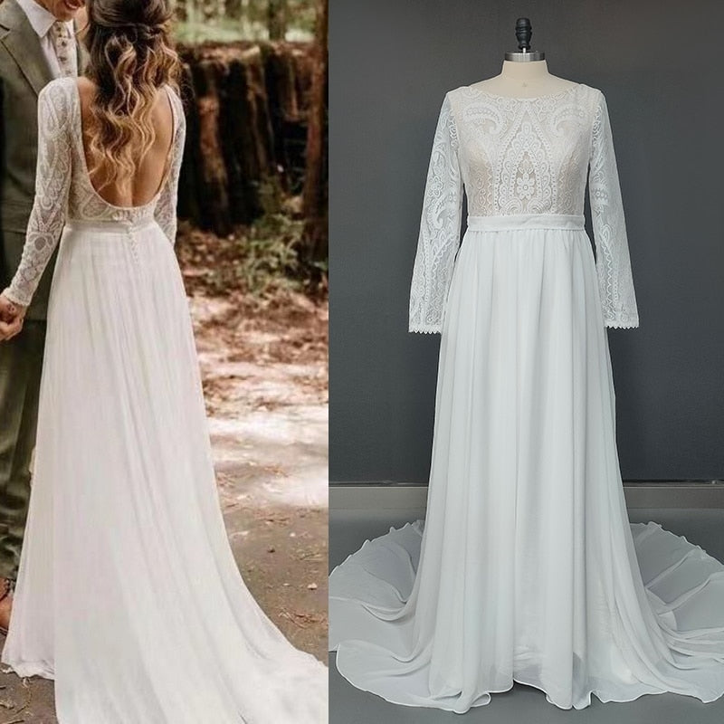 Bohemian Chiffon Long Sleeve Plus Size Bridal Gown