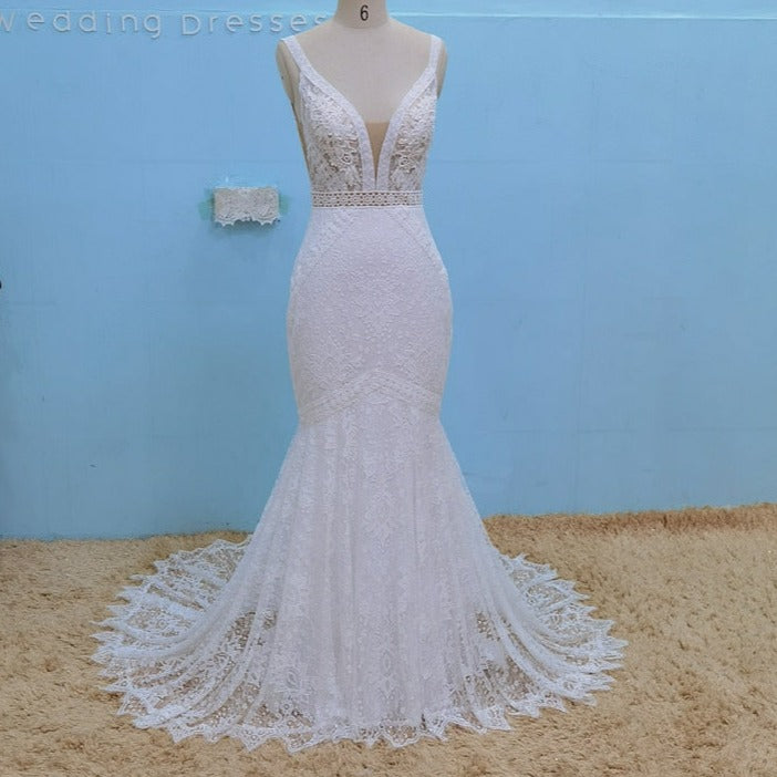 Sexy Lace Elegant  V Neck Backless  Boho Mermaid Wedding Dress
