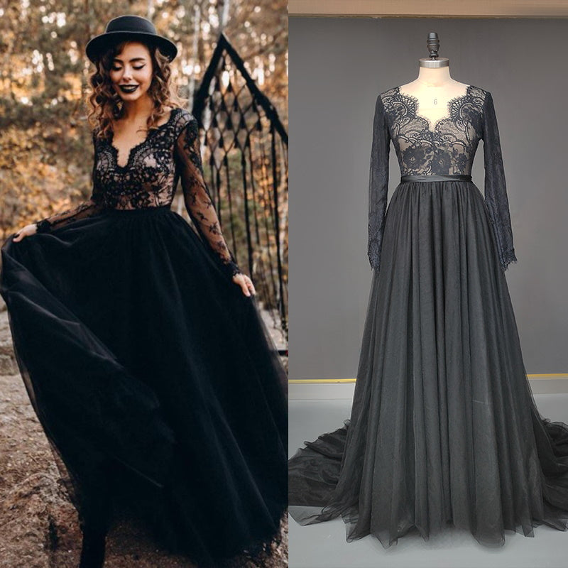 Long Sleeves Black Lace Tulle Open Back Sweep Train Wedding Dress