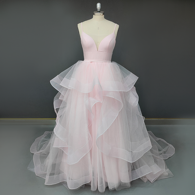 Pink Spaghetti Straps Sweep Train Open Back Tiered Wedding Dress