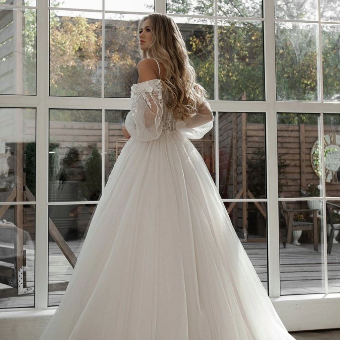 Puff Sleeve 3D Flowers off Shoulder Bridal Gown Boho Wedding Dresses BlissGown 