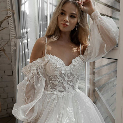 Puff Sleeve 3D Flowers off Shoulder Bridal Gown Boho Wedding Dresses BlissGown 