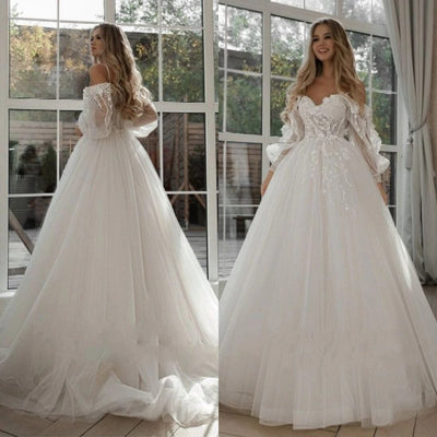 Puff Sleeve 3D Flowers off Shoulder Bridal Gown Boho Wedding Dresses BlissGown As Picture 2 