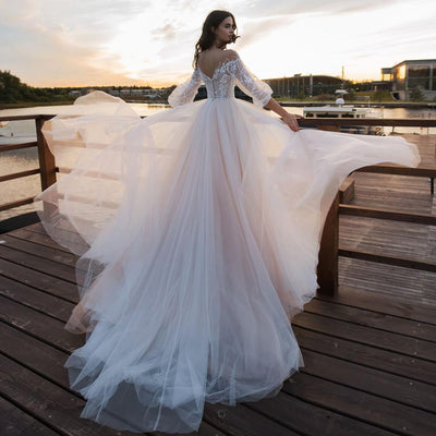 Puff Sleeve Illusion Scoop Neck Beaded Bridal Gowns Romantic Wedding Dresses BlissGown 