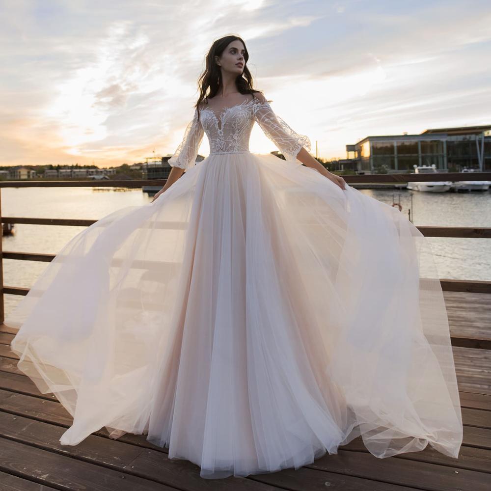 Puff Sleeve Illusion Scoop Neck Beaded Bridal Gowns Romantic Wedding Dresses BlissGown 