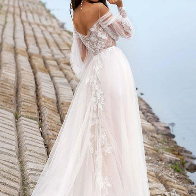 Puff Sleeve O-Neck Open Back Sweep Train Lace Applique Wedding Dress Classic Wedding Dresses BlissGown 
