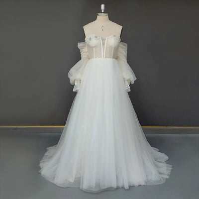 Puff Sleeves Sweetheart Open Back Beading Strapless Wedding Gown Sexy Wedding Dresses BlissGown 