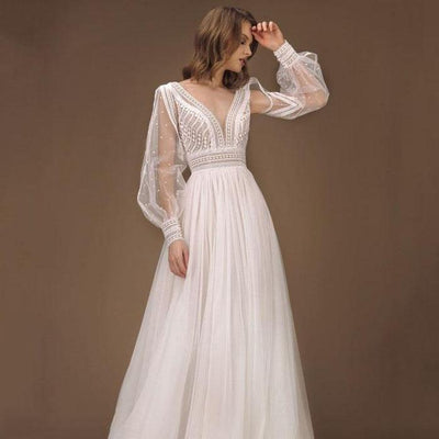 Puff Sleeves Tulle Boho Wedding Gowns - BlissGown
