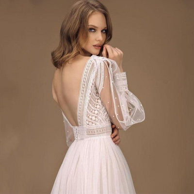 Puff Sleeves Tulle Boho Wedding Gowns - BlissGown