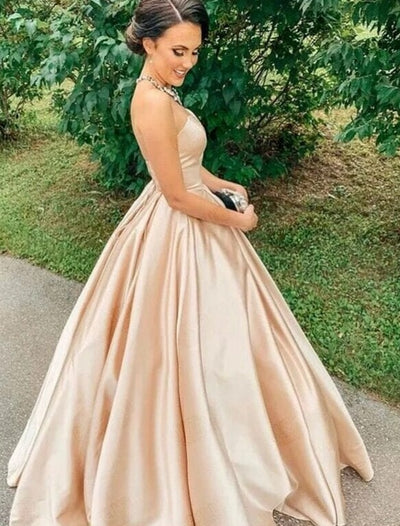 Puffy A Line Backless Champagne Satin Princess Gown Off Shoulder Prom Dresses BlissGown 