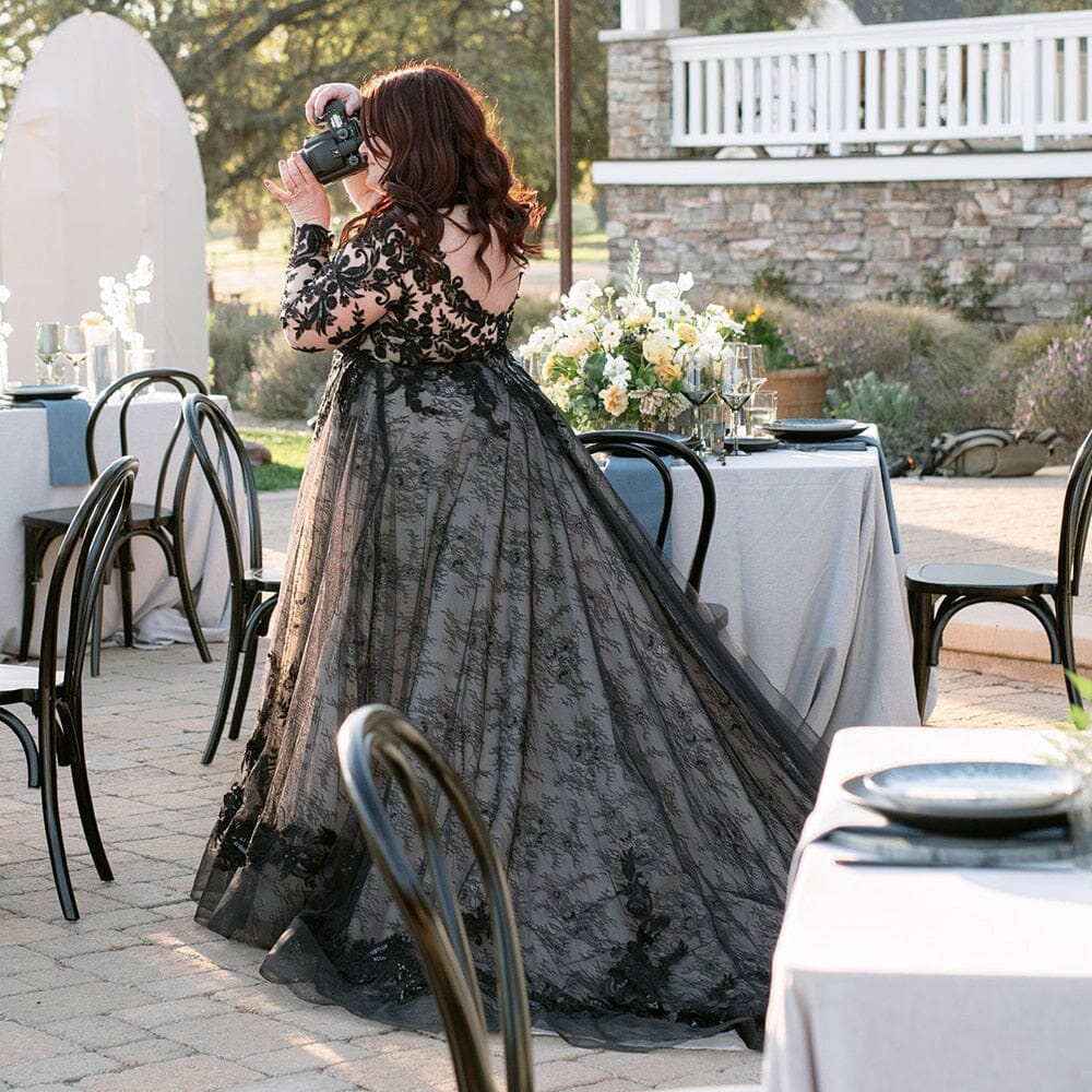 Puffy Ball Gown Long Sleeves Black Lace Wedding Dress Boho Wedding Dresses BlissGown 