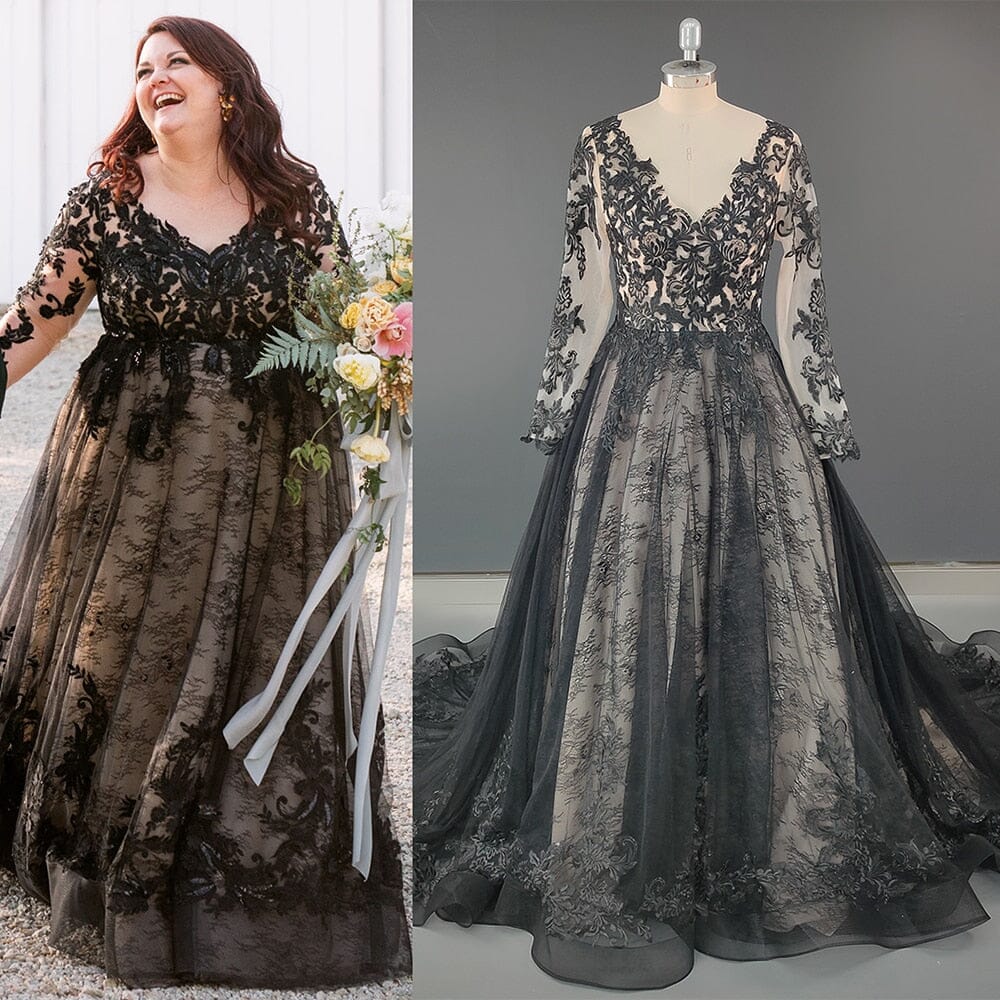 Puffy Ball Gown Long Sleeves Black Lace Wedding Dress Boho Wedding Dresses BlissGown All Black 2 
