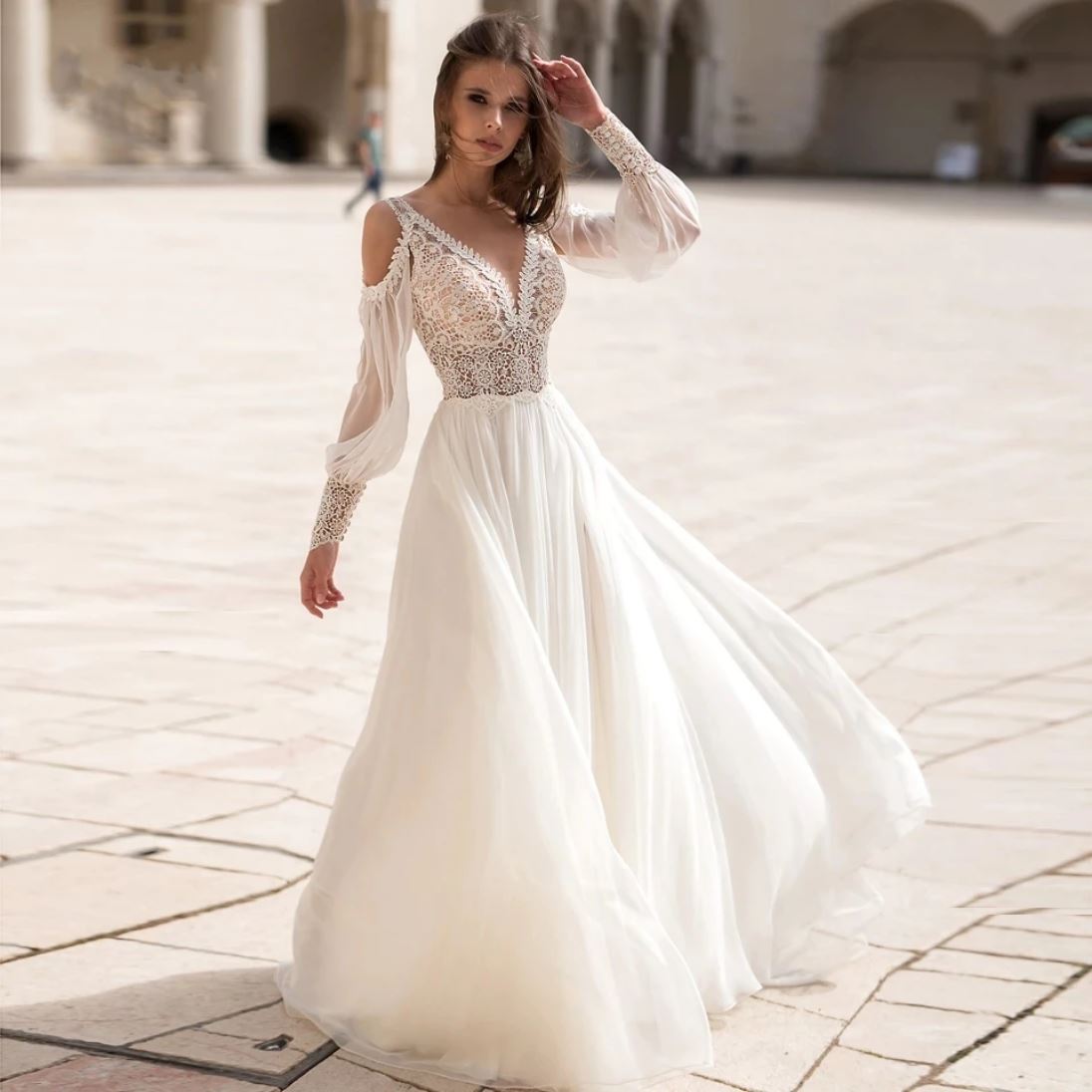 Puffy Long Sleeve Lace Backless Princess Beach Wedding Dress – BlissGown