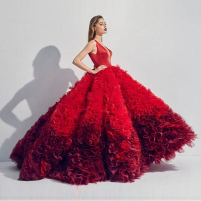 Puffy Red Quinceanera Deep V-Neck Plus Size Sexy Prom Gown V-Neck Prom Dresses BlissGown As Picture 4 