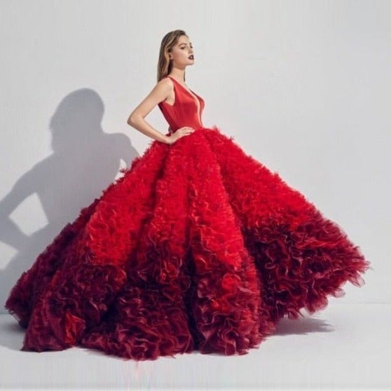 Puffy Red Quinceanera Deep V-Neck Plus Size Sexy Prom Gown V-Neck Prom Dresses BlissGown Same As Image 14W 