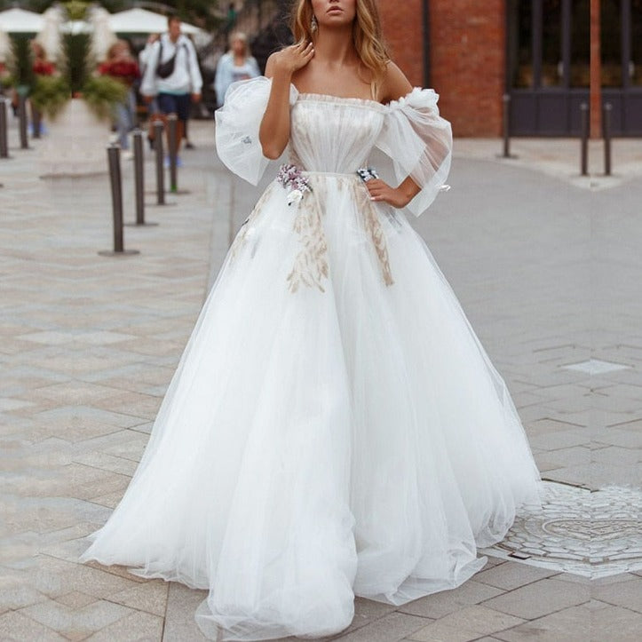 Puffy Sleeve Sweep Train Strapless Princess Off Shoulder Bride Dress ...