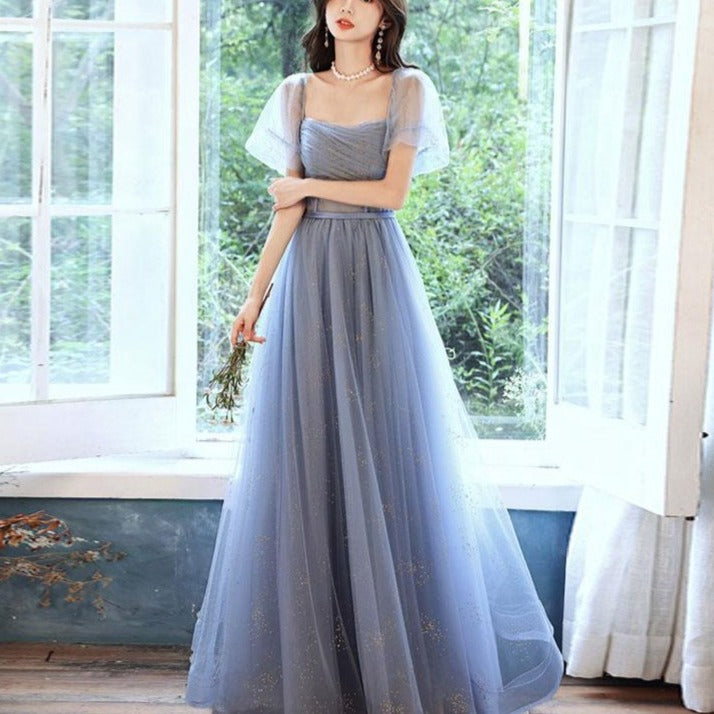 Puffy Sleeves A-Line Floor Length Square Collar Evening Dress Evening & Formal Dresses BlissGown 