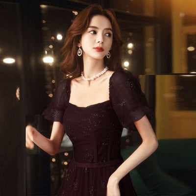 Puffy Sleeves A-Line Floor Length Square Collar Evening Dress Evening & Formal Dresses BlissGown black 14 