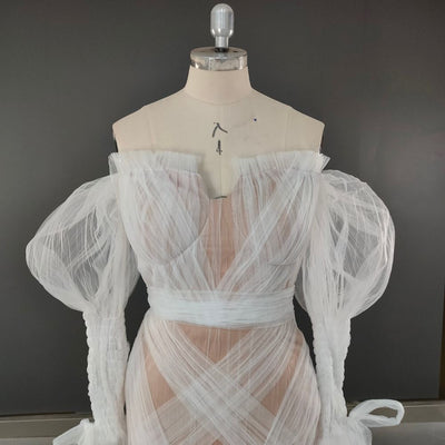 Puffy Sleeves Tulle Sweep Train Mermaid Wedding Dress Classic Wedding Dresses BlissGown 