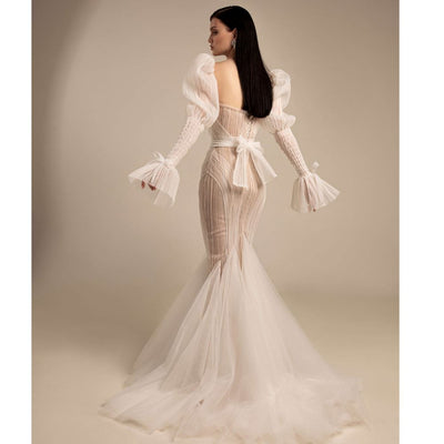 Puffy Sleeves Tulle Sweep Train Mermaid Wedding Dress Classic Wedding Dresses BlissGown Sweep Train 2 