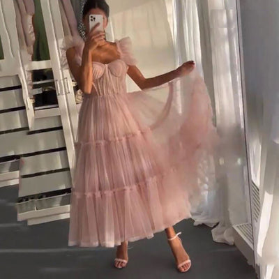 Puffy Tulle Spaghetti Straps Prom Dress Off Shoulder Prom Dresses BlissGown 