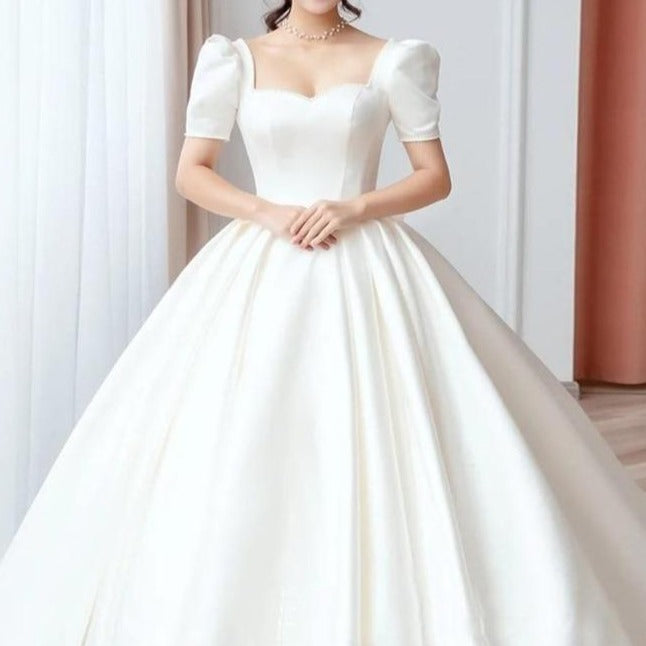 Pure White Satin Puff Sleeve Square Collar Vintage Wedding Gown Vintage Wedding Dresses BlissGown 