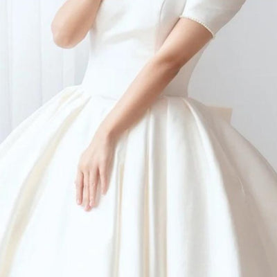 Pure White Satin Puff Sleeve Square Collar Vintage Wedding Gown Vintage Wedding Dresses BlissGown 