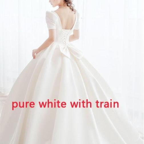 Pure White Satin Puff Sleeve Square Collar Vintage Wedding Gown Vintage Wedding Dresses BlissGown Pure White with Trai 2 