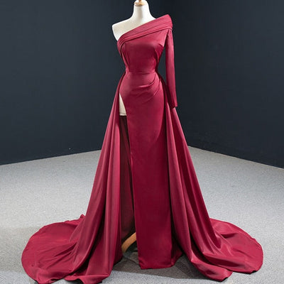 Red Elegant Satin One Shoulder Lace Up Back Evening Dress