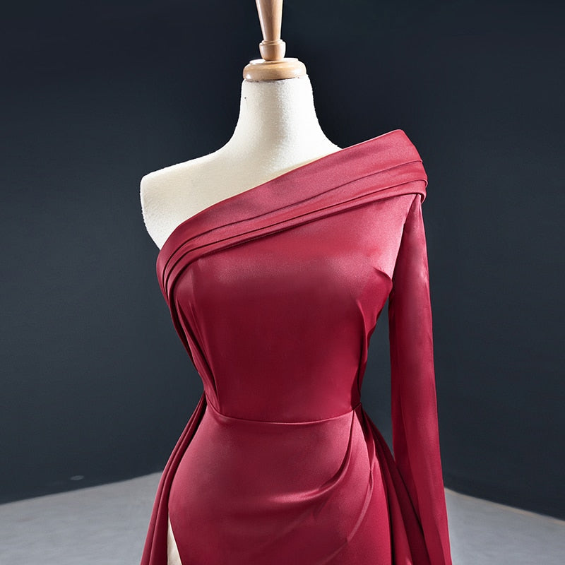 Red Elegant Satin One Shoulder Lace Up Back Evening Dress Evening & Formal Dresses BlissGown 