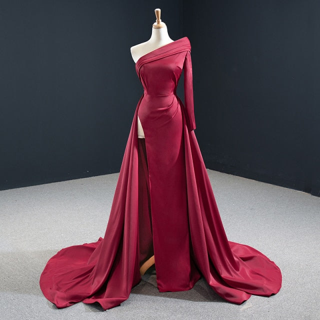 Red Elegant Satin One Shoulder Lace Up Back Evening Dress Evening & Formal Dresses BlissGown As Picture 2 