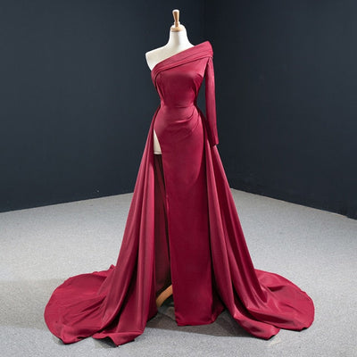 Red Elegant Satin One Shoulder Lace Up Back Evening Dress Evening & Formal Dresses BlissGown As Picture 2 