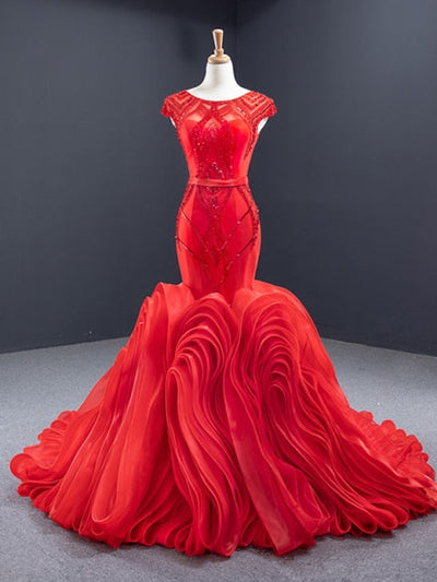 Red Mermaid Long O-Neck Tiered Lace Evening Dress Evening & Formal Dresses BlissGown As Picture 10 China, 50cm