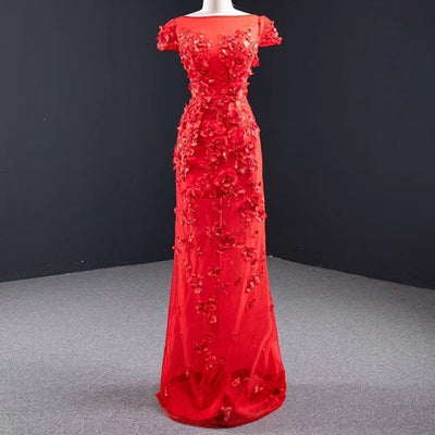 Red O-Neck Handmade Flowers Pearls Removable Train Evening Dress Evening & Formal Dresses BlissGown 