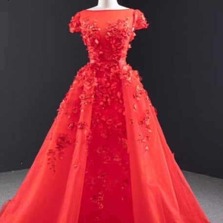 Red O-Neck Handmade Flowers Pearls Removable Train Evening Dress Evening & Formal Dresses BlissGown red 2 