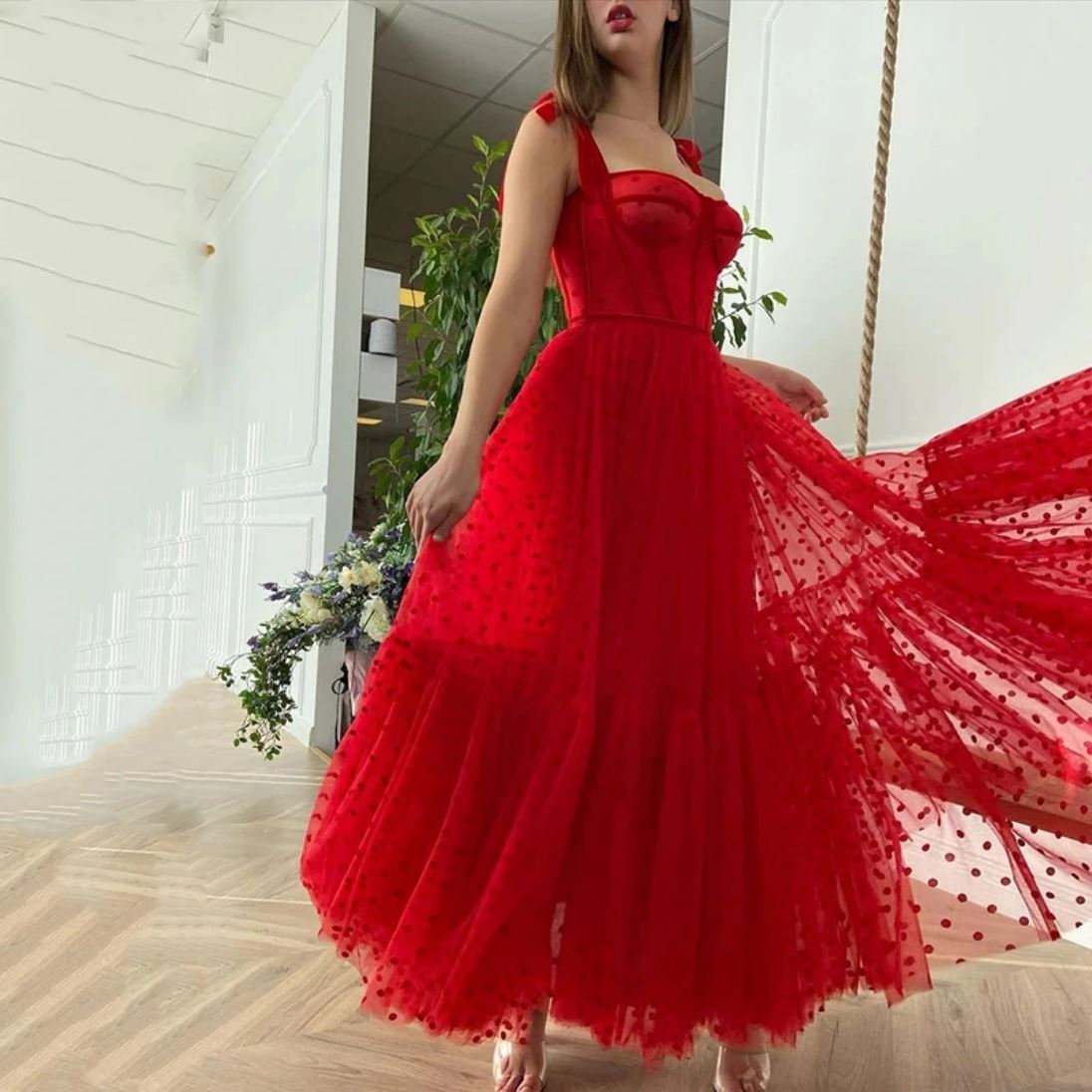 Red Polka Dots Tulle A Line Prom Dress Off Shoulder Prom Dresses BlissGown 