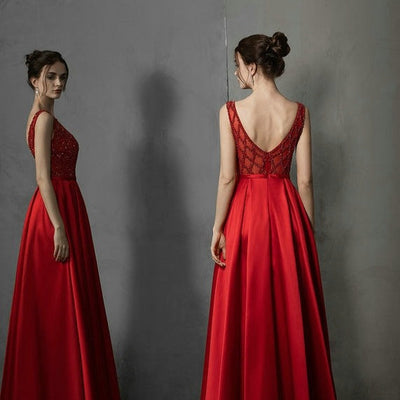 Red Satin Shinning Backless Plus Size Luxury Evening Gown Evening & Formal Dresses BlissGown 