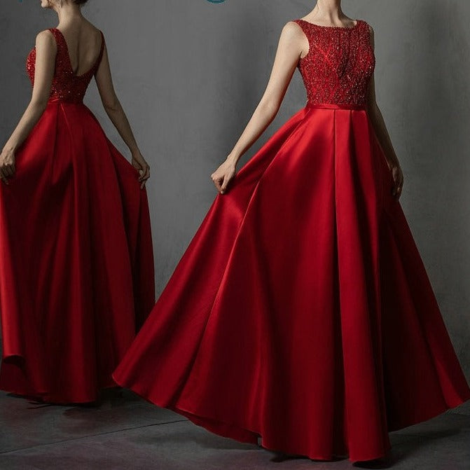 Red Satin Shinning Backless Plus Size Luxury Evening Gown Evening & Formal Dresses BlissGown 